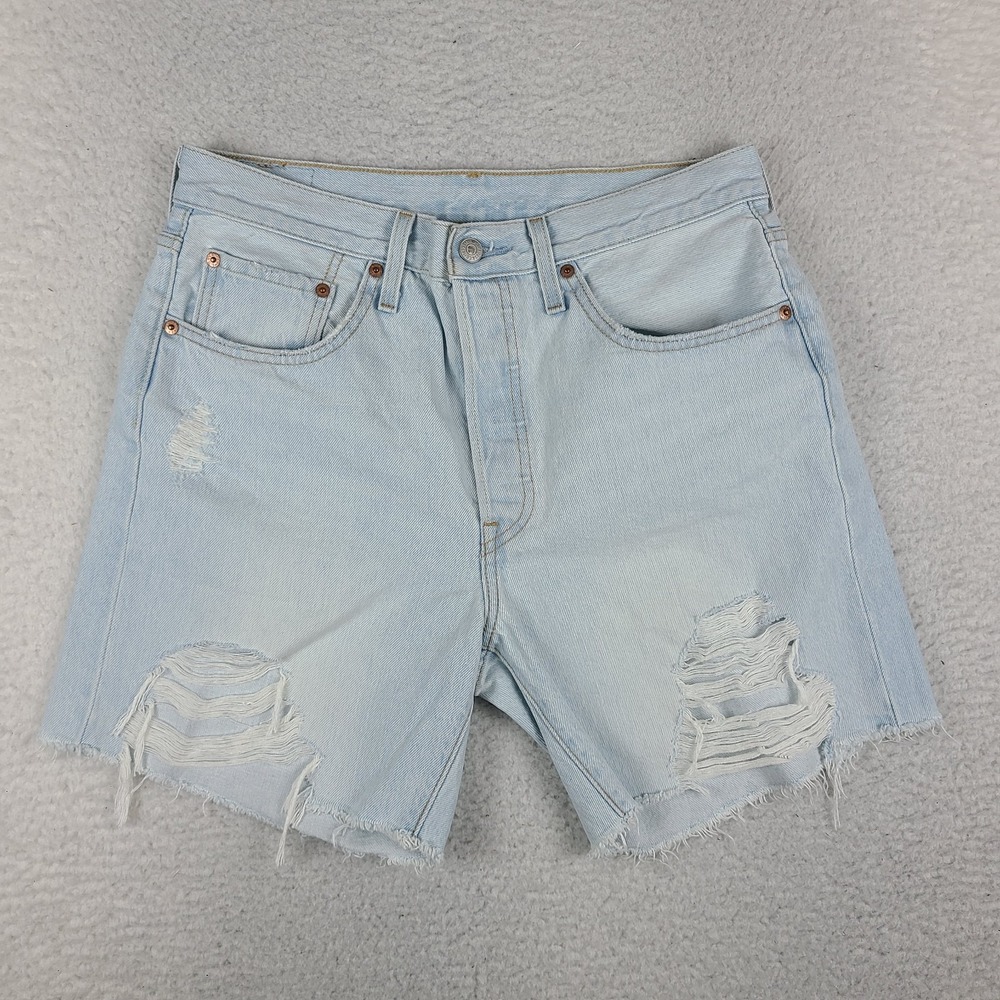 Levi's 501 Jean Shorts Womens 30 Button Fly Blue 7" Inseam Light Wash Distress